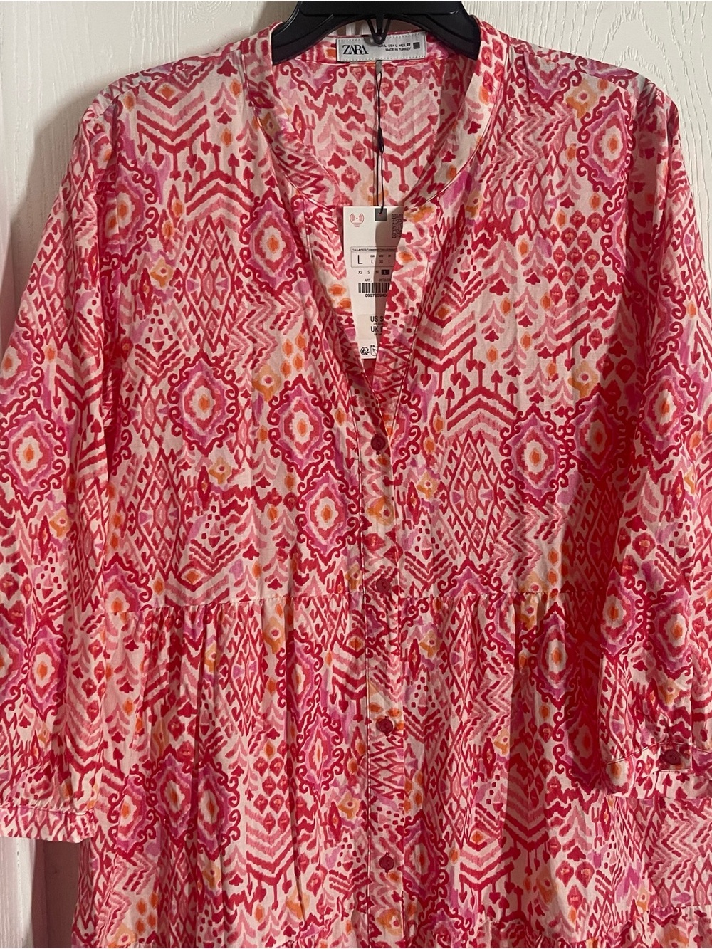 Zara Womens Pink Orange Ikat Print Tiered maxi Dress 9878/094/046 Large NWT - Picture 4 of 11